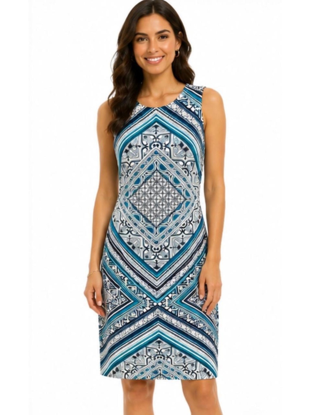 White House Black Market Reversible Navy & Petrol Blue Scarf Print Sheath Dress